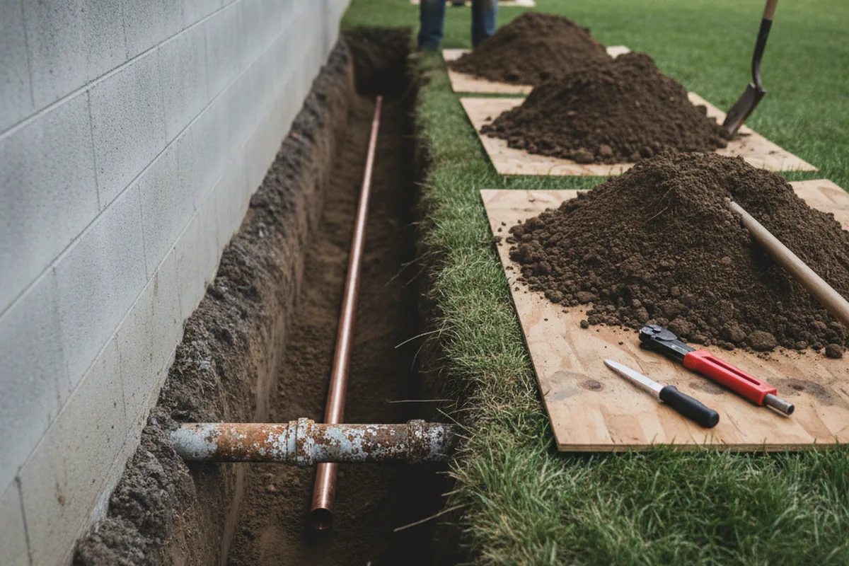 Excavated water line trench during Water Heater Repair in North Prairie
